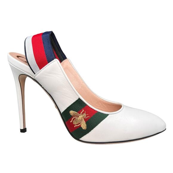 Gucci Sylvie Web Stripe Slingback Pumps White EU 38.5 US 8.5 - Picture 1 of 12
